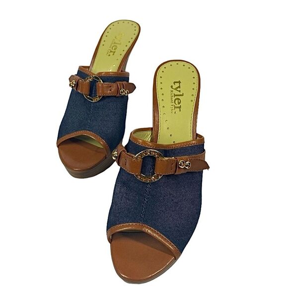 Platform Heels Size 9M | Blue Denim & Tan Slip-On | 5.5” Heel - Picture 5 of 11